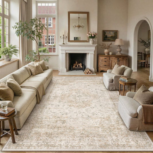 Charleston Vintage Floral Beige Short Pile Traditional Washable Rug