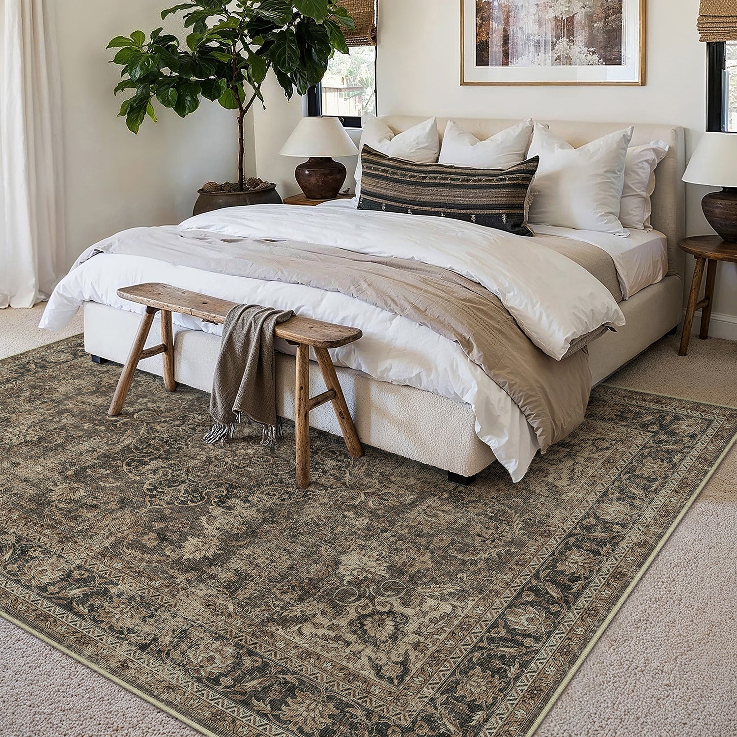 Aria Vintage Floral Brown Traditional Machine Washable Area Rug