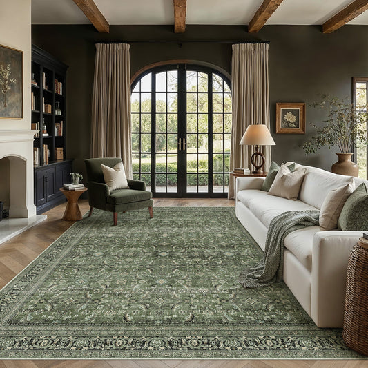Amara Persian Vintage Green Short Pile Traditional Distressed Washable Rug