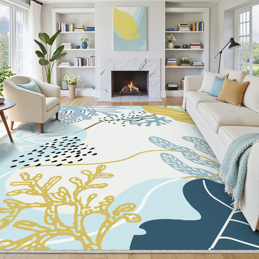 Coral Modern Floral Blue Machine Washable Area Rug
