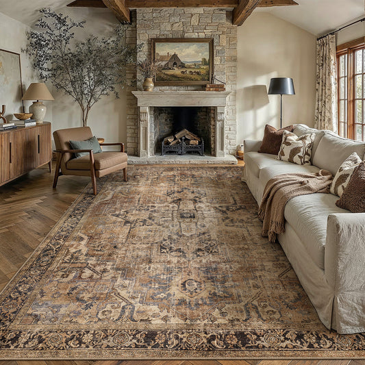Epona Vintage Persian Medallion Brown Distressed Washable Rug