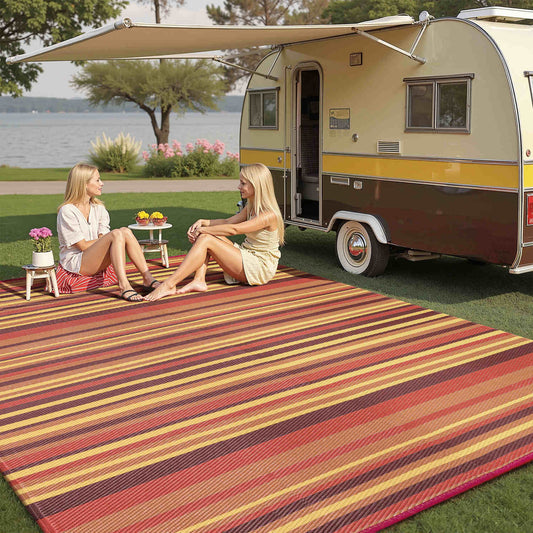 PureCozy Four Color Stripes Modern Striped Red Orange Outdoor Rug 9x12