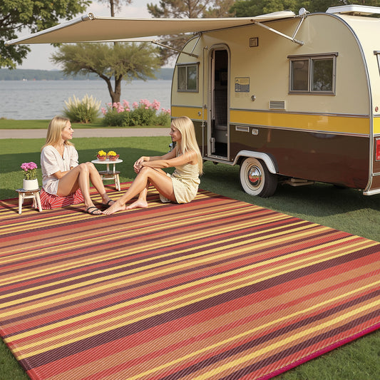 Four Color Stripes Modern Striped Red Orange Outdoor Rug