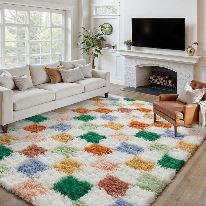 Checkered Colorful Shag Washable Area Rug