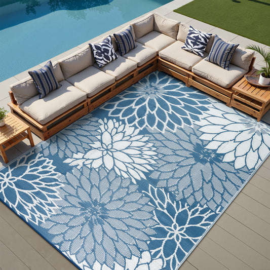 Shadow Bloom Modern Floral Blue Outdoor Rug