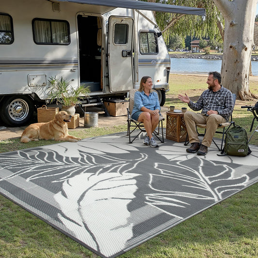 Verdant Vine Modern Floral Gray White Outdoor Rug