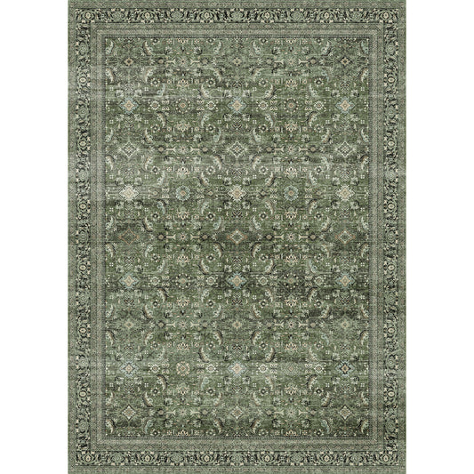 Amara Persian Vintage Green Short Pile Traditional Distressed Washable Rug