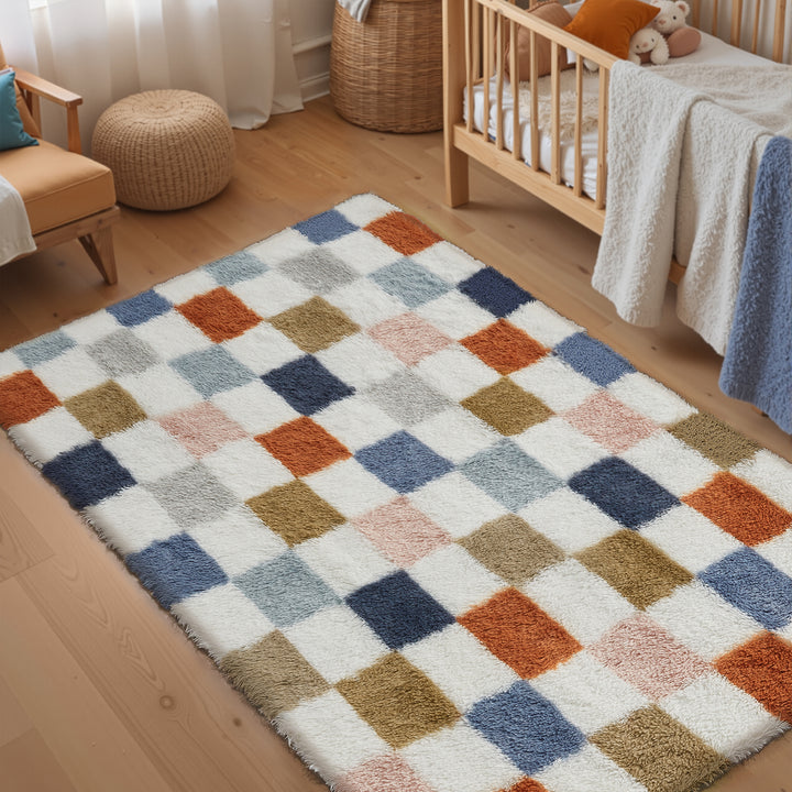 Checkered Colorful Shag Washable Area Rug