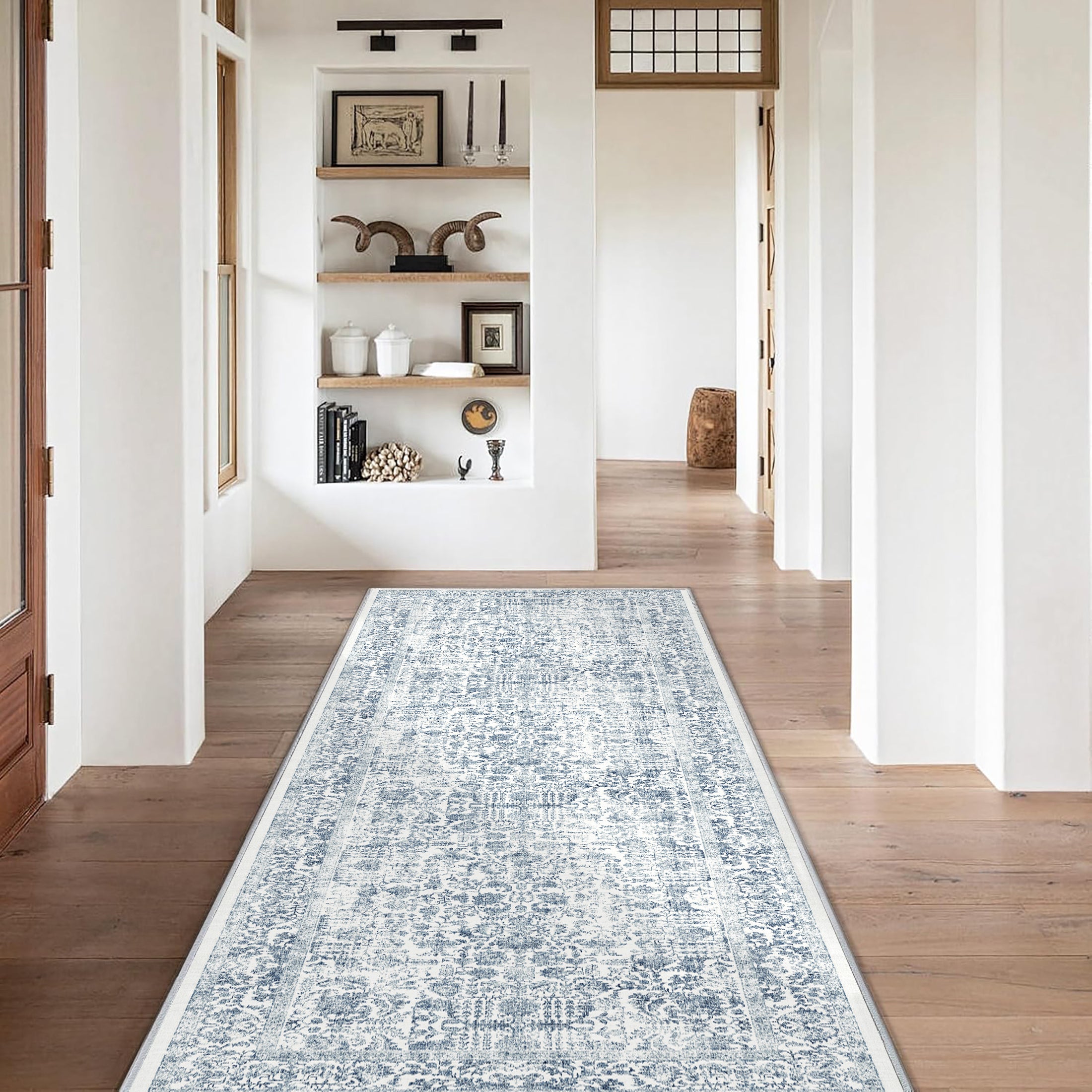 Sylva Vintage Persian Floral Dark Blue Distressed Washable Rug