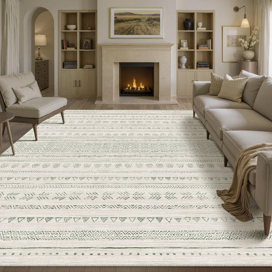 Mia Bohemian Green Short Pile Machine Washable Area Rug