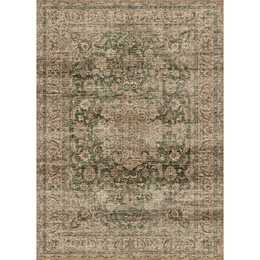 Aria Vintage Floral Green Traditional Machine Washable Area Rug