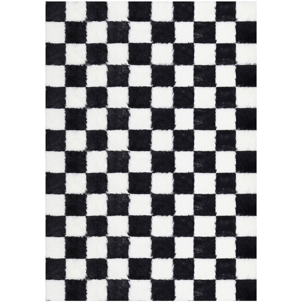 Checkered Black White Shag Washable Area Rug