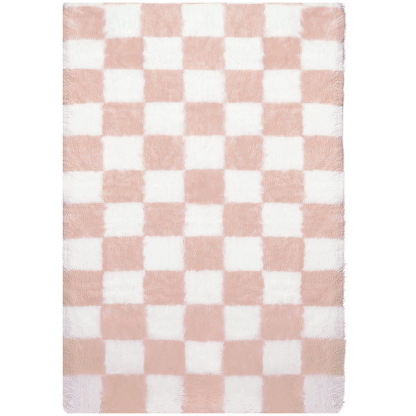 Checkered Pink White Shag Washable Area Rug
