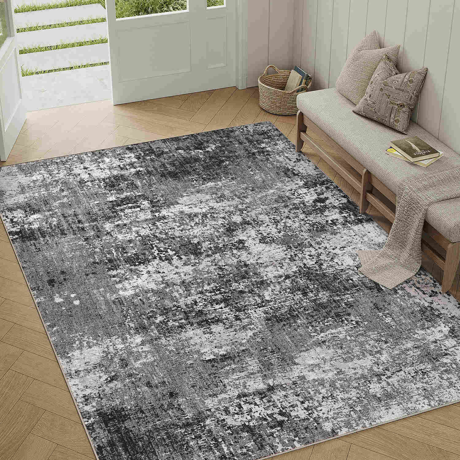 Misty Modern Abstract Black Machine Washable Rug – PureCozy