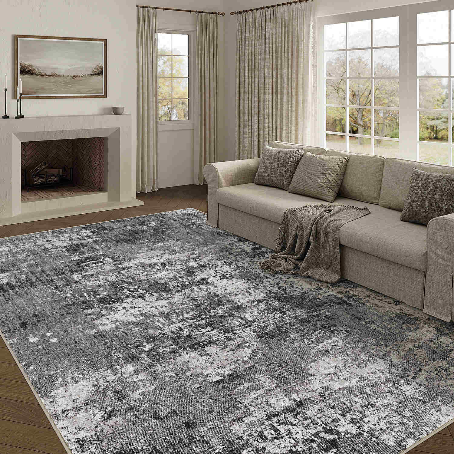 Misty Modern Abstract Black Machine Washable Rug – PureCozy
