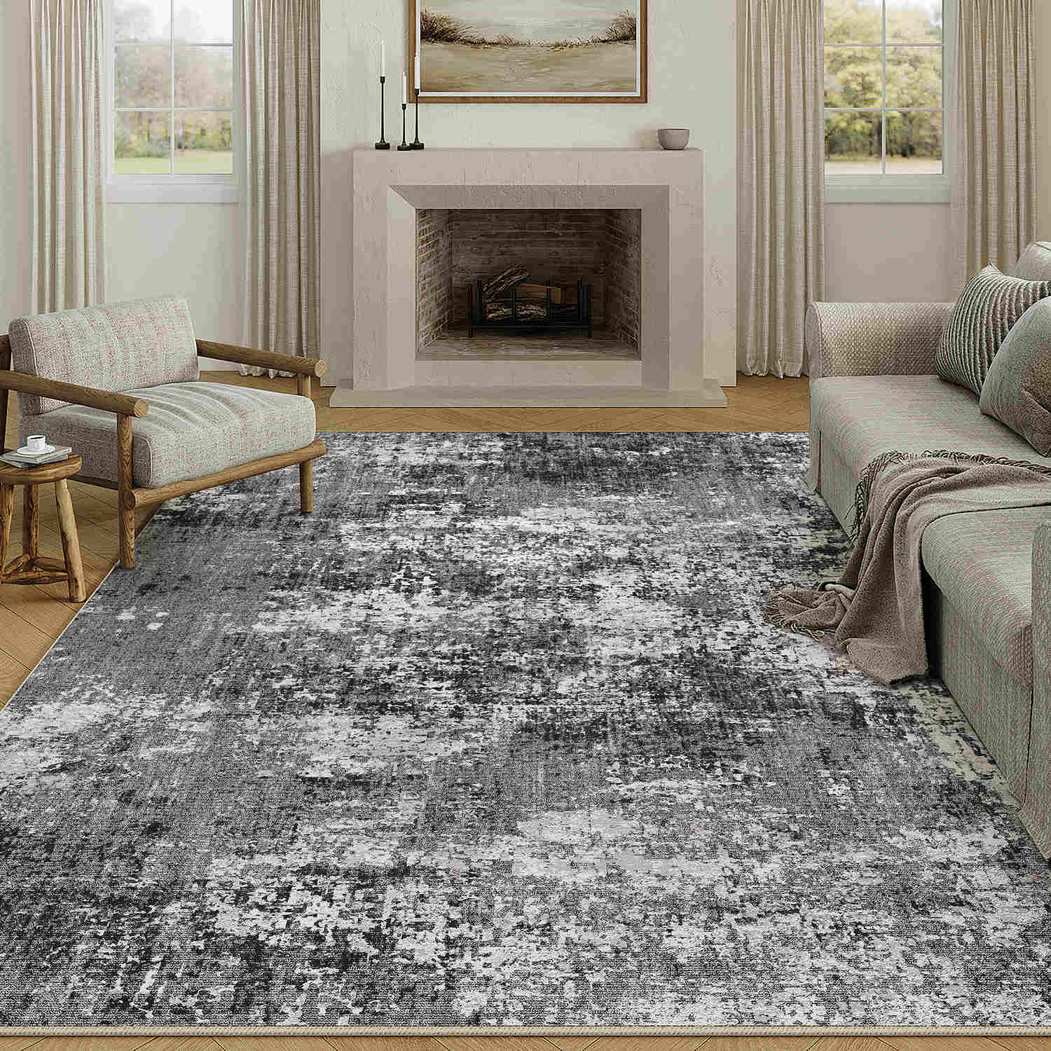Misty Modern Abstract Black Machine Washable Rug – PureCozy