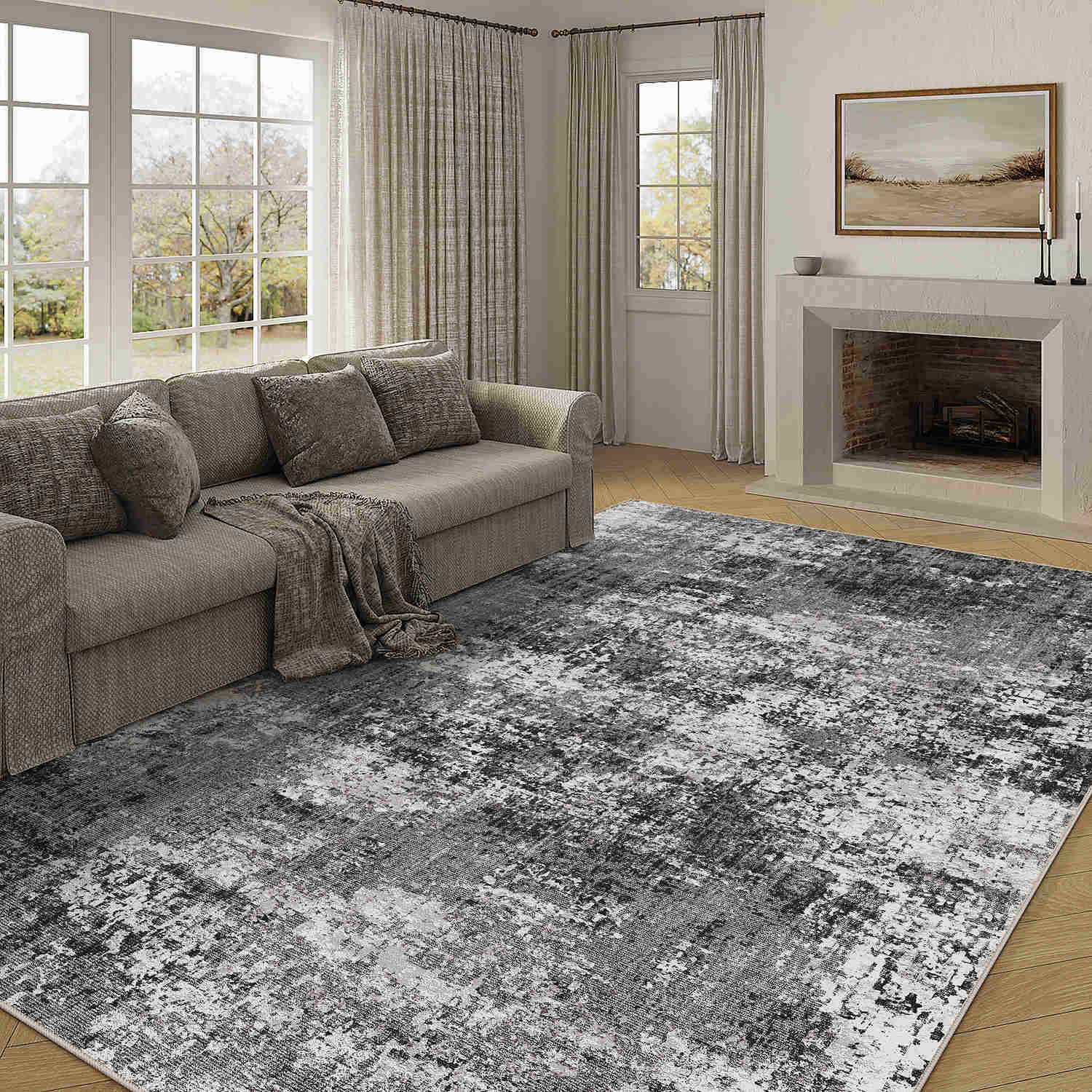 Misty Modern Abstract Black Machine Washable Rug – PureCozy